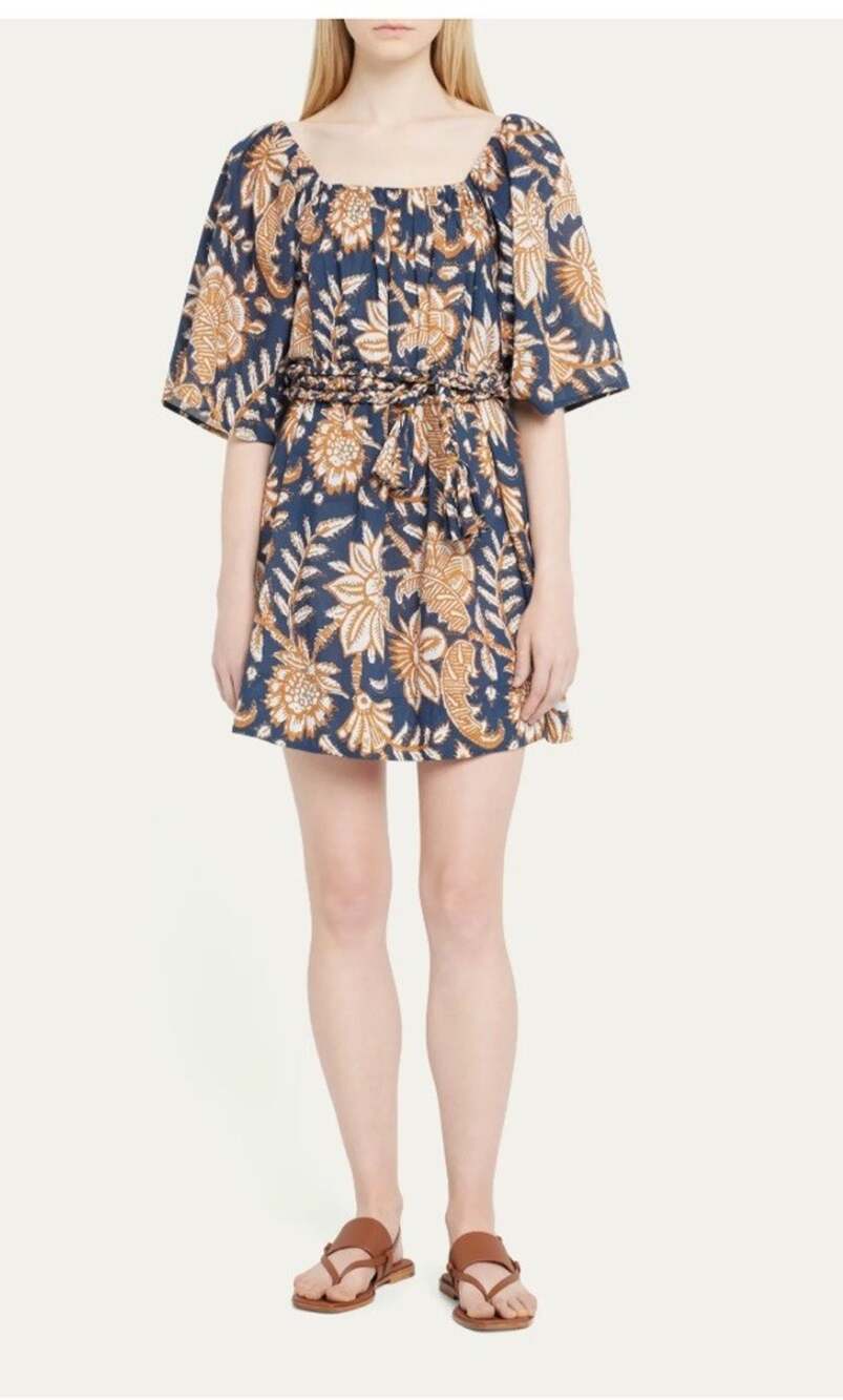 Figue $548 Piper Floral Print Belted Short Dress Sz XS Blue Gold Kaftan